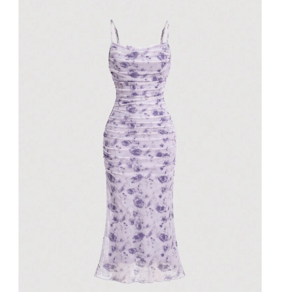 Women's Mesh Floral Ruched Cami Midi Dress Lavender Formal Kentucky Derby